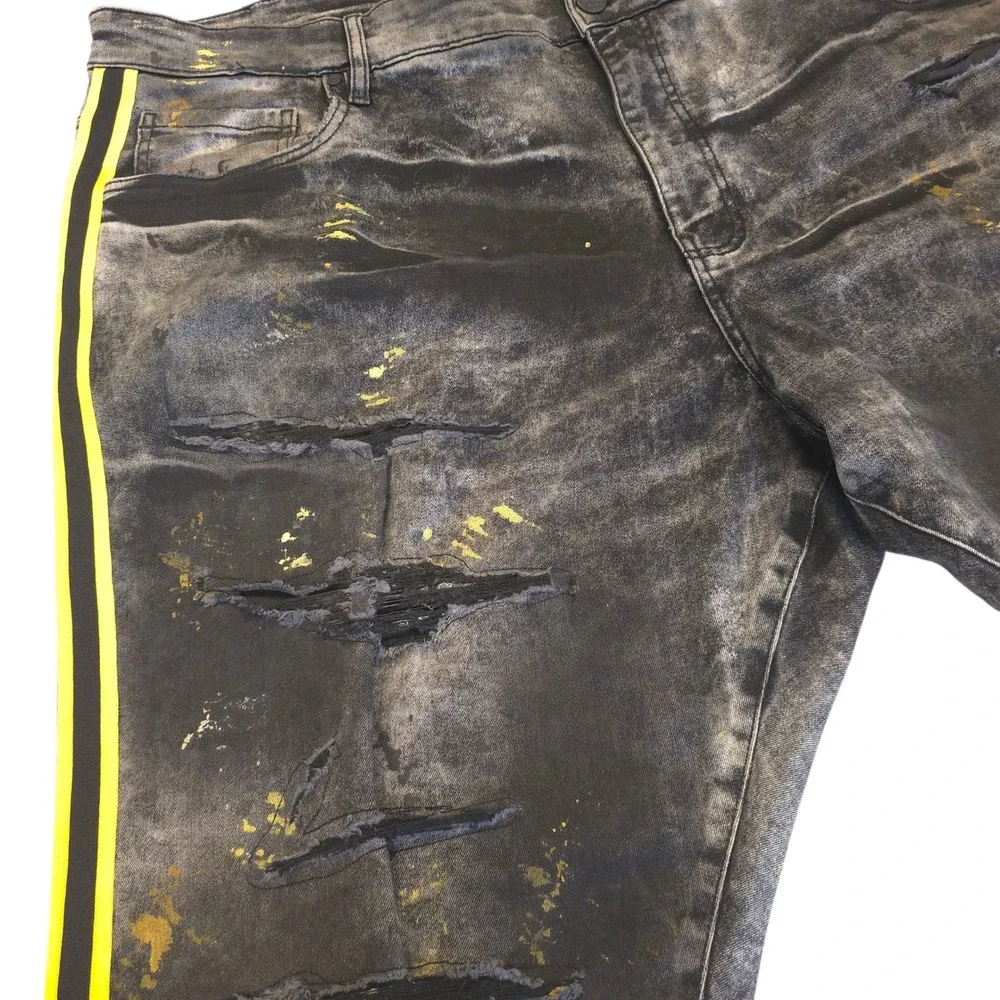 Jordan Craig Legacy Denim Shorts 46 Raw Hem Distress Splatter Stripe‎ Gold Black - Picture 3 of 14